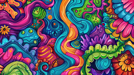 Playful Doodle Art Pattern in Vibrant Colors. Expressive and Bright Design with Vivid Colors