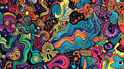 Playful Doodle Art Pattern in Vibrant Colors. Expressive and Bright Design with Vivid Colors