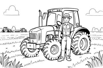 a tractor driverstanding near and white perfect for colouring book