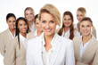 © My Beautiful Picture - Group of smiling white businesswomen at work on white background. Women in suits at work. Boss women. Image for graphic designer. Business world. Job recruitment.