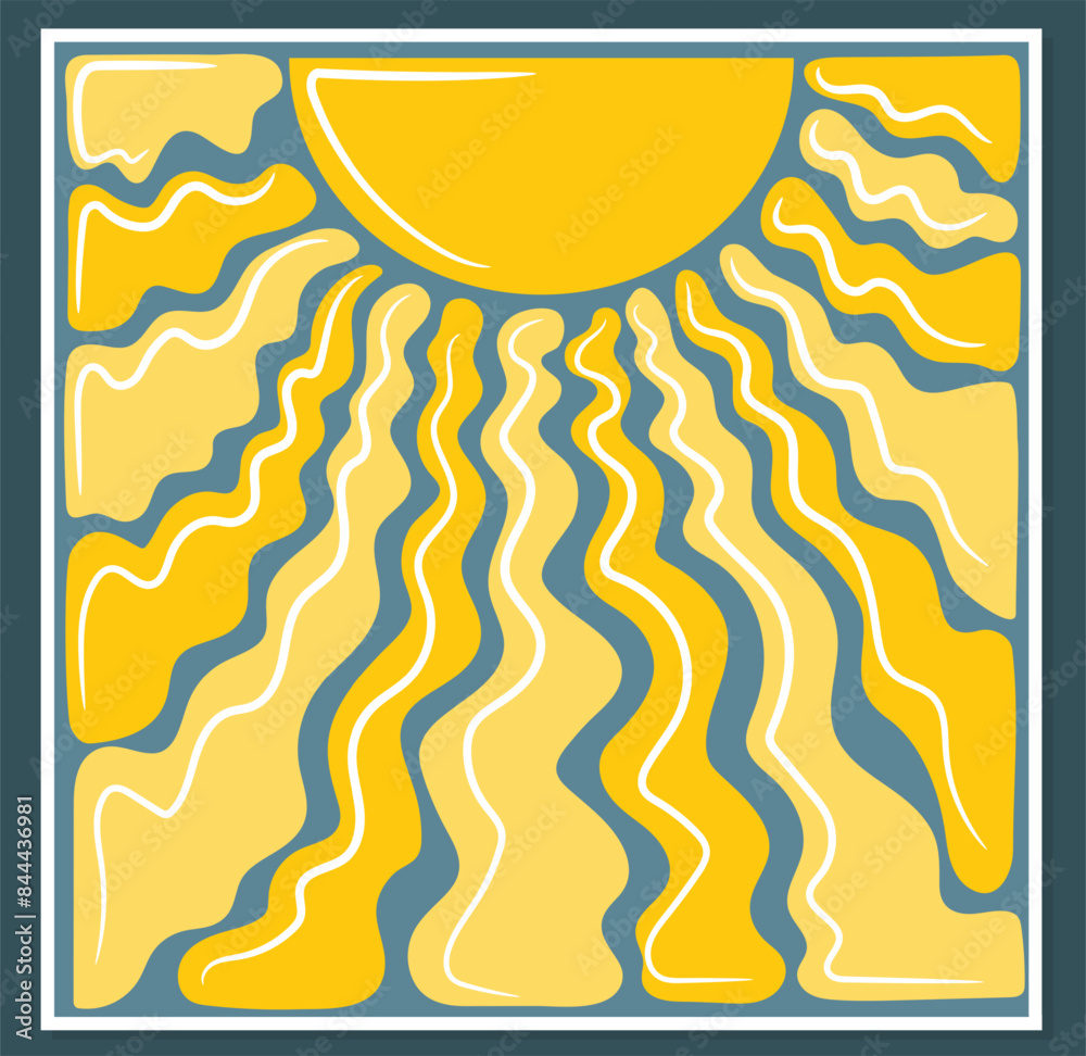 Square groovy retro abstract sun background. Organic doodle shapes in ...