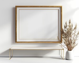 Mock up empty golden luxury vintage  frame border for art, wall art hanging on the vintage modern minimal white  wall background, wallpaper