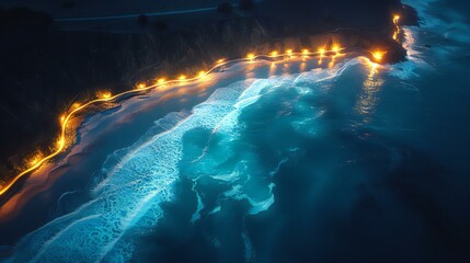 Wall Mural -  Aerial shot of bioluminescent algae glowing along a coastline