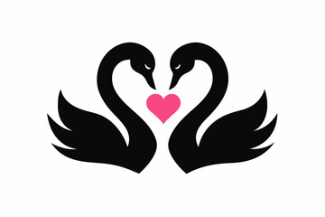 A minimalist vector illustration features two loving black swans with a pink heart on a white background. Ideal for logos or icons, this easily editable, layered silhouette showcases the elegant wild 