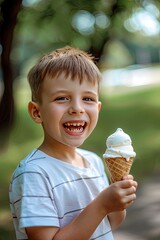 Wall Mural - little boy eats ice cream on the background of nature. Selective focus