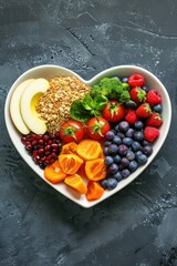 Wall Mural - fruits and berries in a heart-shaped bowl. Selective focus