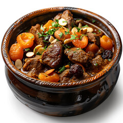 Moroccan lamb tagine with dried apricots, almonds, and a rich spiced sauce, served in a traditional tagine pot, isolated background