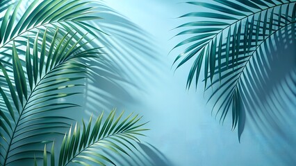 Blurred Shadow of Palm Leaves on Light Blue Wall: Minimal Abstract Background. Perfect for: product presentations, spring and summer promotions, minimalist designs, social media posts, website banners