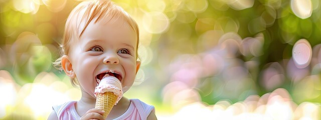 Wall Mural - baby eats ice cream on the background of nature. Selective focus