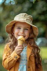 Wall Mural - little girl eats ice cream on the background of nature. Selective focus