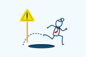 businessman stick figure character jump pass pitfall hole to achieve business success. avoid exclama