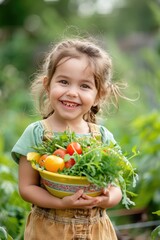 Poster - happy child in the garden holding fresh vegetables. Selective focus