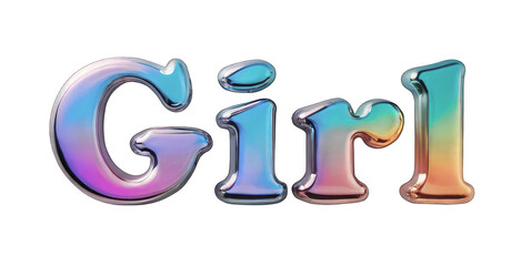 Wall Mural - Holographic 3D inscription girl on a transparent background. Liquid metal in Y2K style, chrome surface, pastel colors, PNG.