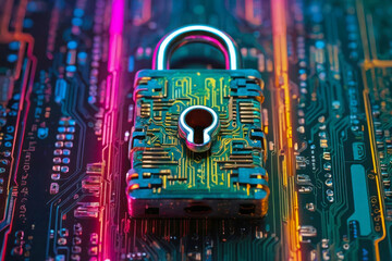 Padlock on system board, computer security concept, password and protection, neon colors.