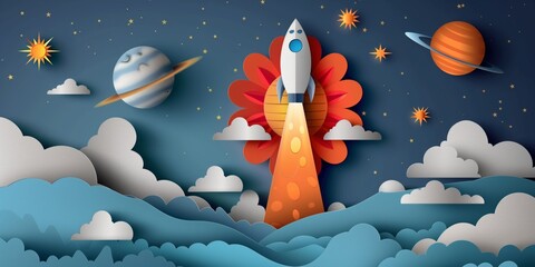 Wall Mural -  papercraft art illustration, space shuttle launching to outer space, nursery theme background