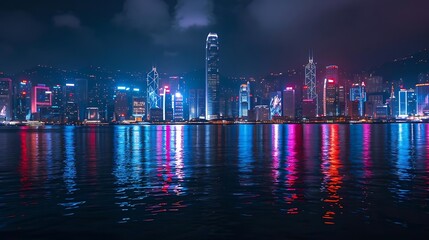 Wall Mural - city skyline reflected on calm waters at night, with a towering building in the foreground and a dark sky overhead