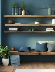 Wall Mural - Modern home room living room blue wall interior with wood shelves, 3D render