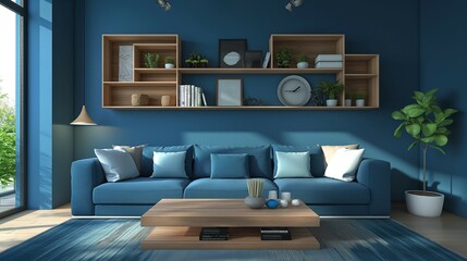 Wall Mural - Modern home room living room blue wall interior with wood shelves, 3D render
