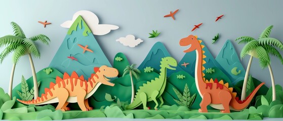 Dinosaur prehistoric world paper craft scenery