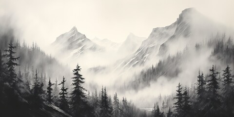 Wall Mural - charcoal pencil drawing paint sketch of mountains cowered in mist with forest trees. Nature outdoor adventure travel landscape background scene view