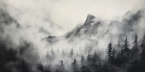 Wall Mural - charcoal pencil drawing paint sketch of mountains cowered in mist with forest trees. Nature outdoor adventure travel landscape background scene view