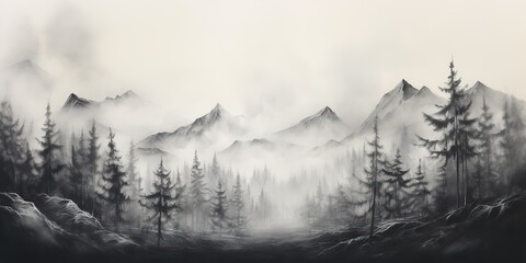 Canvas Print - charcoal pencil drawing paint sketch of mountains cowered in mist with forest trees. Nature outdoor adventure travel landscape background scene view