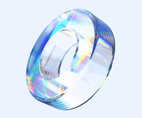 Poster - 3d crystal light holographic glass ring render isolated icon. Abstract transparent circle geometric figure with iridescent gradient dispersion of prism refraction on blue background. 3D illustration