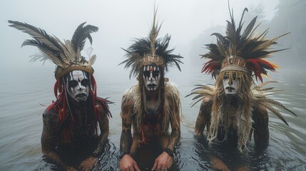 Three Native American Indians wearing war paint and standing in a body of water, possibly a lake, with a foggy misty background.