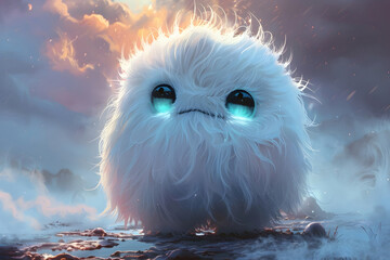 Canvas Print - A Plump,Cuddly Fluffy Monster with Large Expressive Eyes in a Magical Ethereal Landscape