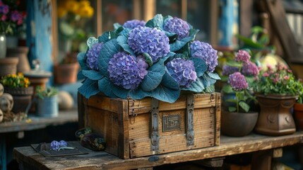 Wall Mural - A wooden crate filled with purple flowers, including blue and purple hydrangeas, sits on a table. The crate adds a rustic touch to the floral arrangement.