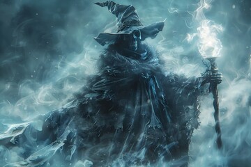 Wall Mural - Haunting Skeleton Sorcerer Wielding Glowing Staff Shrouded in Swirling Mist of Dark Fantasy Realm