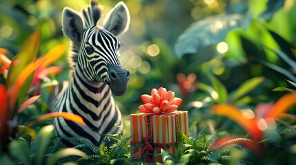 Poster - Playful Zebra Discovering a Whimsical Birthday Gift in a Vibrant Dreamlike Garden Setting