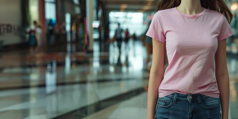 A woman wearing a plain pink t-shirt in a shopping mall