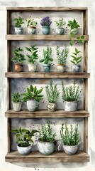 Sticker - Rustic Wooden Shelves Displaying Handcrafted Watercolor Herb Labels and Botanical