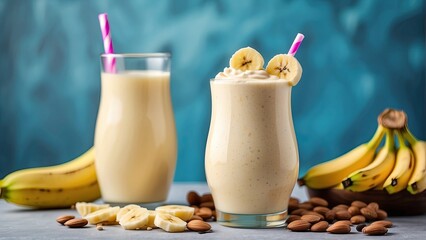 Wall Mural - Food photography background - Healthy banana smoothie milkshake in glass with bananas on table