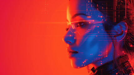 Poster - A woman's face is shown in a blue and red background. The woman is wearing glasses and has a serious expression on her face. portrait of an Indian girl in robotic Indian saree costume