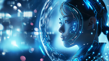 Poster - A woman in a blue bubble is looking at the camera. The image is a futuristic, sci-fi style photo