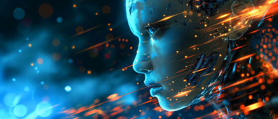 Poster - A woman's face is shown in a blue background with orange sparks. Concept of futuristic technology and a futuristic. Androgynous robot face pushing fractal pattern grid in outer space, fantasy,