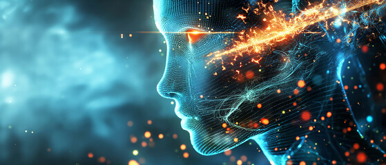 Poster - A woman's face is shown in a blue background with orange sparks. Concept of futuristic technology and a futuristic. Androgynous robot face pushing fractal pattern grid in outer space, fantasy,