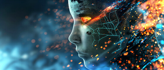A woman's face is shown in a blue background with orange sparks. Concept of futuristic technology and a futuristic. Androgynous robot face pushing fractal pattern grid in outer space, fantasy,