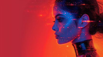 Poster - A woman's face is shown in a blue and red background. The woman is wearing glasses and has a serious expression on her face. portrait of an Indian girl in robotic Indian saree costume
