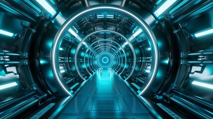 Wall Mural - 3d render of spaceship interior, inside view looking out through circular window in ceiling, scifi style, futuristic, teal and blue color theme, black background,