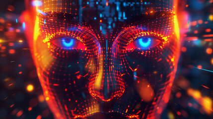 Poster - A computer generated face with blue eyes and red lips. The face is surrounded by a bright orange background. techno music, youtube album cover,