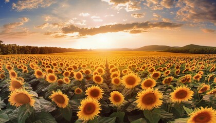 Wall Mural - A breathtaking view of a vast sunflower field at sunset. The golden sunflowers stretch out to the horizon, their bright petals glowing under the warm light of the setting sun.