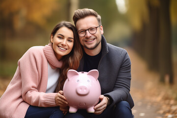 young couple at outdoors holding a piggybank