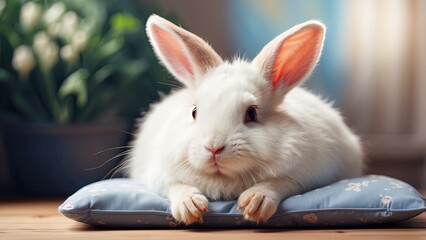 Wall Mural - Image of cute white rabbit lying on sleeping cushion. Pet