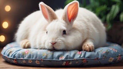 Wall Mural - Image of cute white rabbit lying on sleeping cushion. Pet