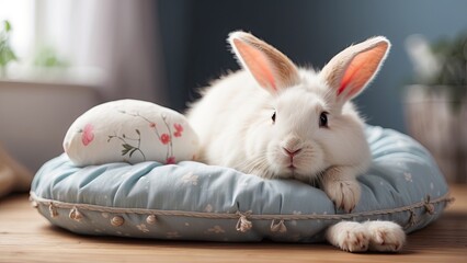 Image of cute white rabbit lying on sleeping cushion. Pet
