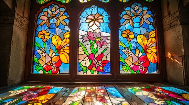  Stained glass window with colorful floral motifs, vibrant, artistic, traditional, sunlight, afternoon