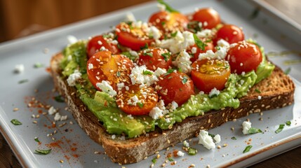 Whole grain avocado toast topped with cherry tomatoes and a sprinkle of feta cheese, wholesome, balanced, savory, avocado, 